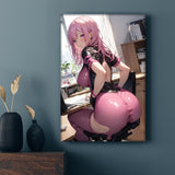 24x16 Inch Artistic Anime Poster: Luscious Pink-Haired Lady with a Curvaceous Butt, Perfect for Home Office, Bedroom, or Living Room Decor - Wrapped Canvas Frame