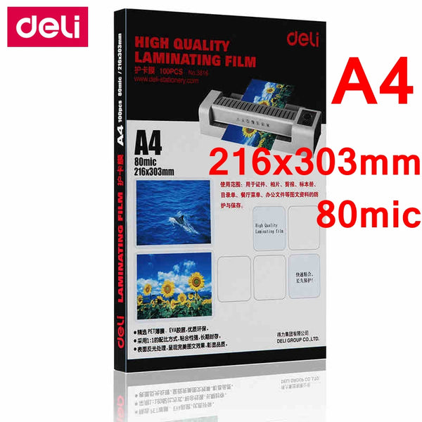 100PCS/Pack Deli 3816 hot pouch laminator film A4(216x303mm) size 80 mic photo documents PET laminating pouch film wholesale