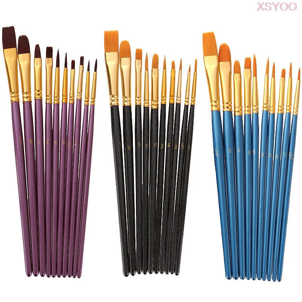 10pcs Nylon Soft Acrylic Oil Painting Brush Black Wooden Handle Watercolor Paint  Brush Set 