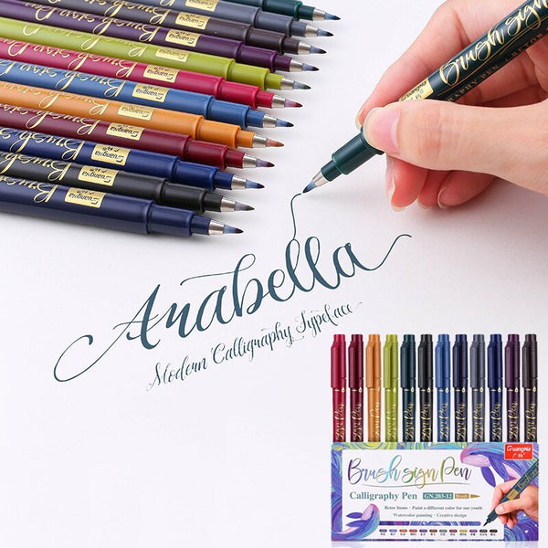 12 Color Calligraphy Brush Pen Write Paint Marker Pens Set for Artist Sketch Drawing Painting Water Color Illustrations Practice