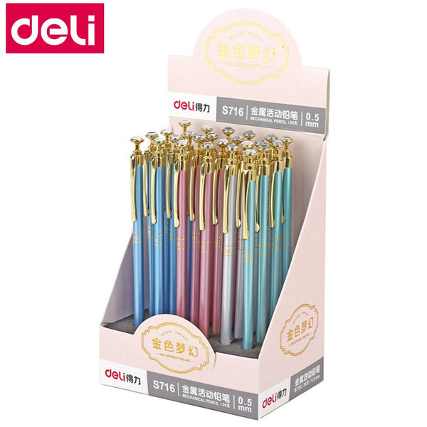 24PCS/LOT Deli s716 Mechanical pencil Automatic pencil Diamonds style head 0.5mm HB Metal case pencil mixed color wholesale