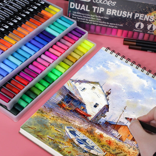 36/48Colors FineLiner Dual Tip Brush Watercolor Pens Art Markers Set For Drawing Painting Manga Calligraphy Art Supplies
