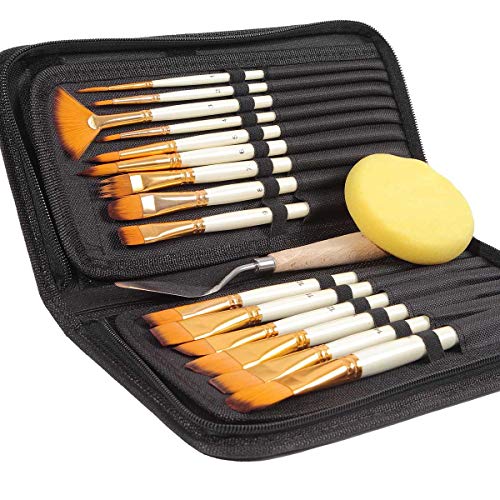Acrylic Paint Brush, 15 Size Acrylic Brushes for Painting. Contains Premium Nylon Hair and Art Knife, Sponge White