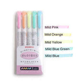 5Pcs/Set Zebra Mildliner Pen Mild Liner Double Headed Highlight Pen Drawing Marker Pens Scribble Stationery