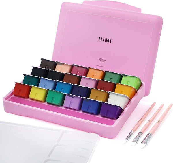 HIMI Gouache Paint Set, 24 Colors x 30ml/1oz with 3 Brushes & a Palette,  Unique Jelly Cup Design, Non-Toxic, Guache Paint for Canvas Watercolor  Paper