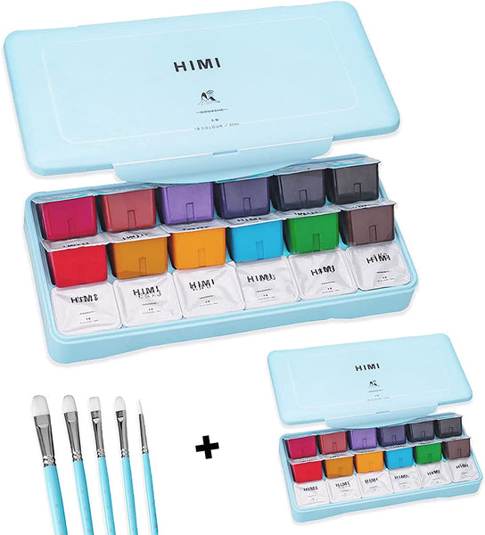 HIMI Gouache Paint, Set of 18 Colors×30ml with 5 Paint Brushes