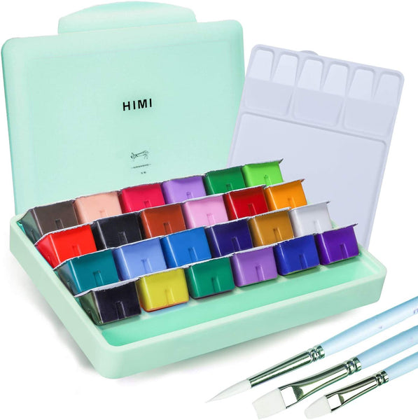 HIMI Gouache Paints set, 24 Colors, 30ml, 24 US fl oz, Jelly Cup Design with 3 PCS Paint Brushes, Non Toxic Paint for Canvas and Paper, Art Supplies for Professionals, Students, and Kids (Green Case)