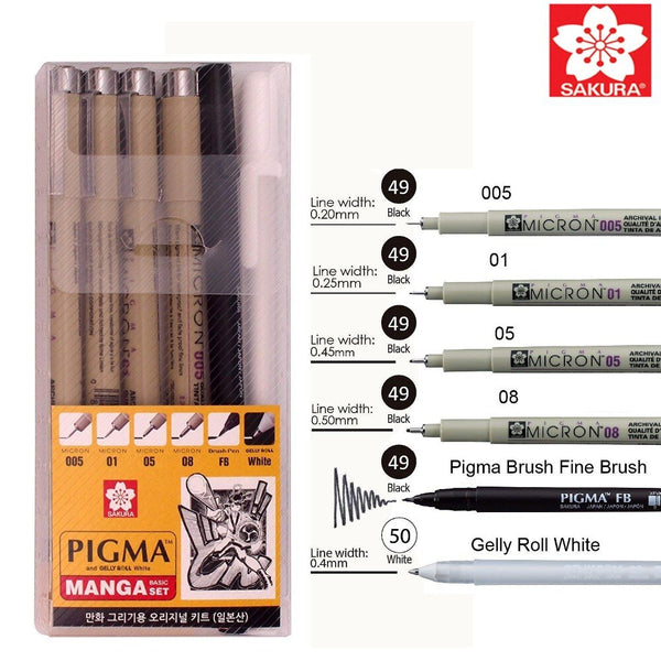 6PCS Sakura Pigma Micron Pen,Archival Pigment Ink Drawing Pens Manga Set (005, 01, 05, 08, FB brush pen, Gelly roll pen white)
