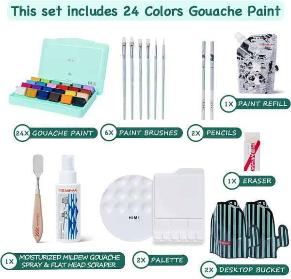 HIMI Gouache Paint Set, 41 Pcs Professional Art Painting Supplies Set with  HIMI 24 Paints, 6 Paint Brushes, 2 Canvas Boards, Palette, Paint Knife