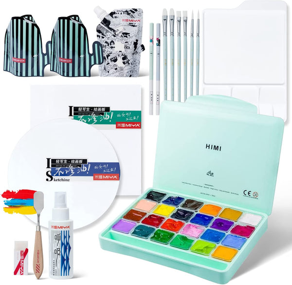 HIMI Gouache Paint Set -41 PCS Painting Kit-24 Jelly Cup Design Gouache, Paintbrushes, Palette, Pencils, Eraser, Desktop Bucket,Scraper, Moisturized Mildew Spray and Paint Refill for Kid, Adults