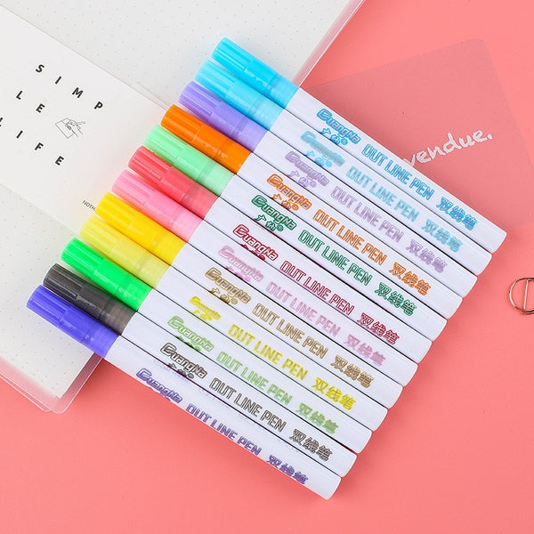 8/12Colors Metallic double lines Art markers Outline pen Stationery Drawing Pens for Calligraphy Lettering Color Scrapbooking