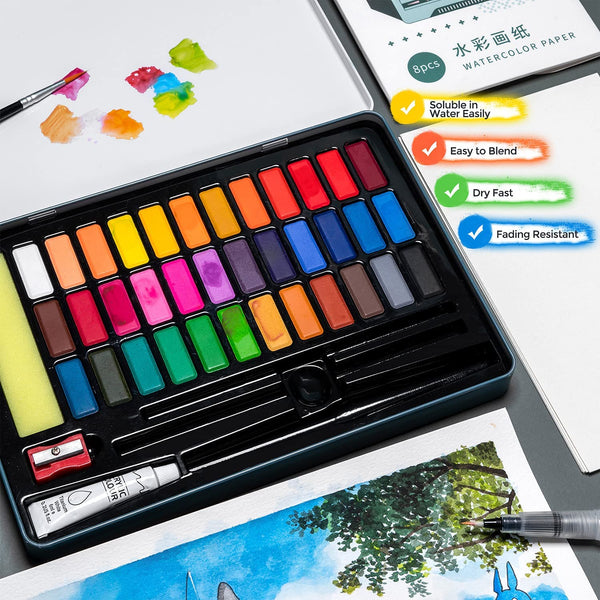 Paul Rubens Solid Watercolor Paint 24 Color Pocket Portable Travel Set  Vibrant and Rich Colors Pigment for Artist Beginner Kids