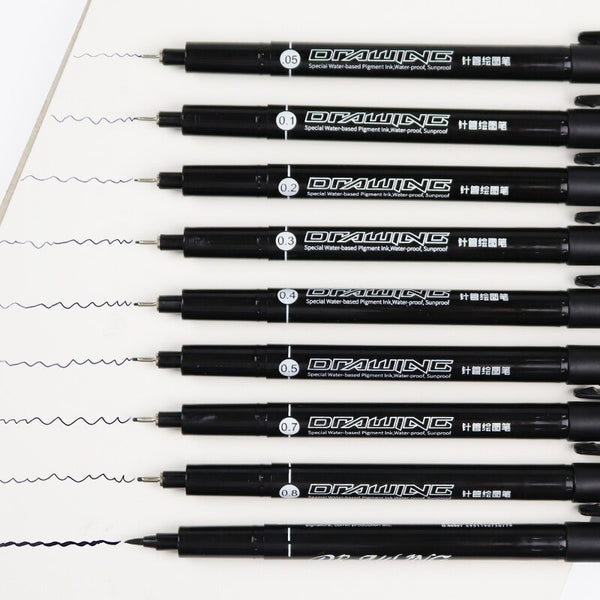 9Pcs/Set Black Pigment Liner Neelde Water-proof Drawing Pen Pigma Micron Sunproof Marker Pen for Sketching Office School