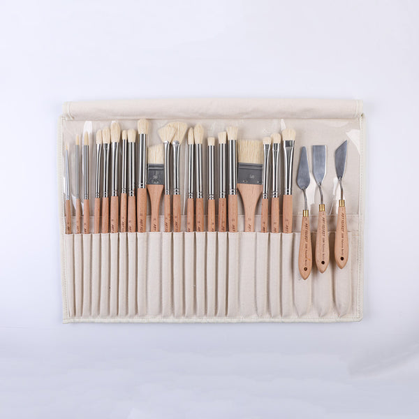 US Art Supply 24 Piece Oil & Acrylic Paint Long Handle Artist Paint Brush Set with Canvas Roll-Up