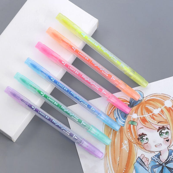 CHENYU 6Pcs Highlighter Pen Cute Stationery Brush Markers Double Headed Fluorescent Marker Pen 6Colors Kawaii office supplies