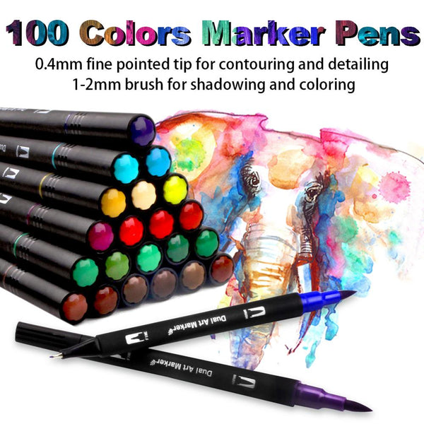 100 Colors Dual Tip Brush Art Marker Pens Coloring Markers Fine