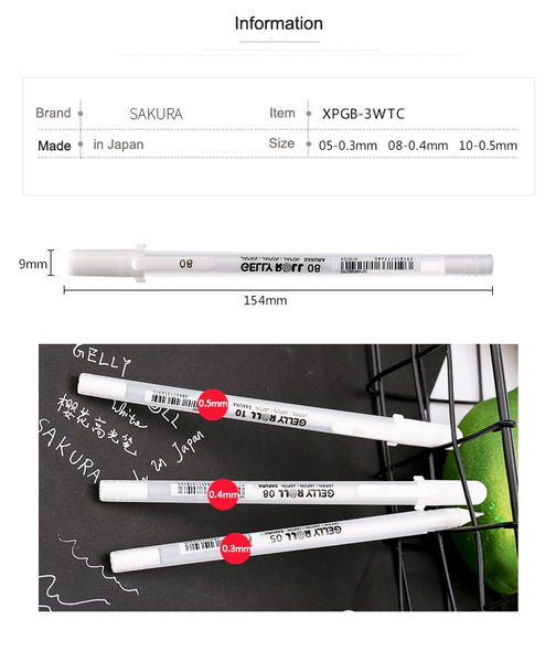 3pcs Japan Sakura Gelly Roll White Pens Highlighters Art Marker Fine Medium  Bold 05 08 10 Pen For Manga Drawing Art Supplies