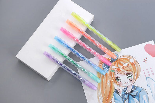 CHENYU 6Pcs Highlighter Pen Cute Stationery Brush Markers Double