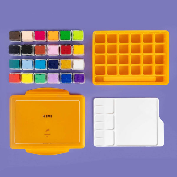 HIMI Gouache Paint Set, 24 Colors x 30ml Unique Jelly Cup Design with 3 PSC Paint Brushes,Portable Case with Palette for Artists