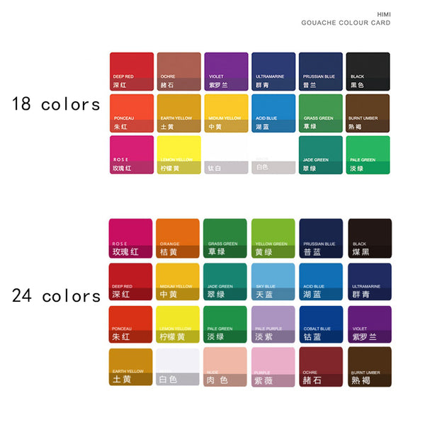 HIMI Gouache Paints Set 18/24colors 30ml Jelly Cup Non-Toxic
