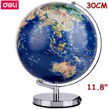 Deli 2165# 30cm (11.8") Teaching Globe with LED lamp Stainless steel support  base English &amp; Chinese printing relief surface