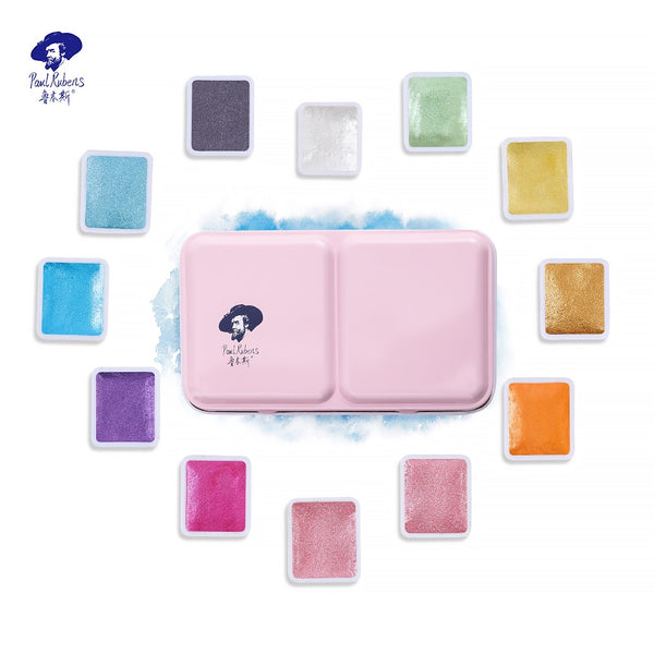 AOOKMIYA  Paul Rubens BOX Watercolor Set Gouache Paint Glow in the Dark Drawing Supplies Travel with Palette Metallic Pearlescent 12 Colors