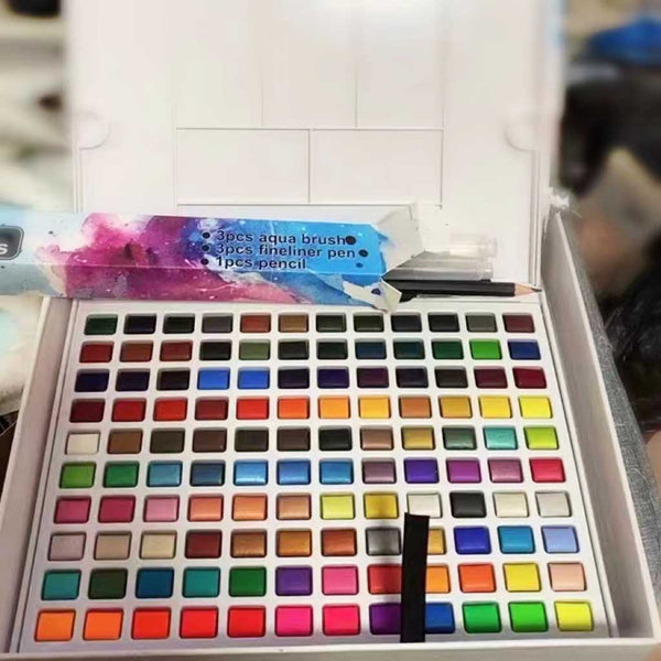 AOOKMIYA  Solid Watercolor 120 Color Professional Painting Set Including Water Brush Fluorescent Macaron Pearlescent Color Art Supplies