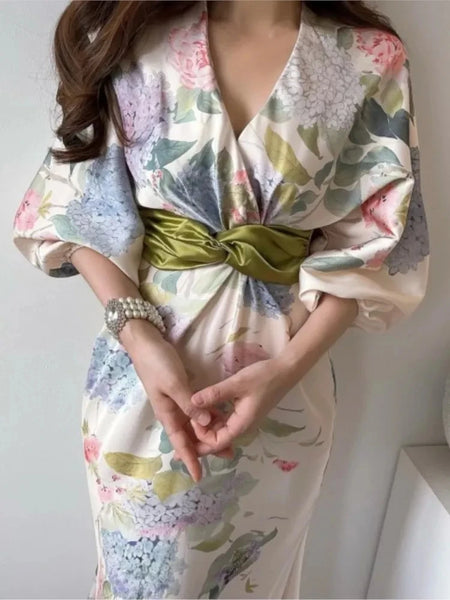 AOOKDRESS Retro floral midi women's dress, Japanese style, elegant bodycon, chic, party, birthday, women's fashion, spring, 1 piece