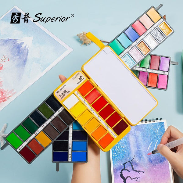 Superior 36/48/60 Colors Folding Solid Watercolor Paints Set with Met –  AOOKMIYA