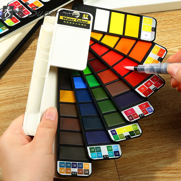 42 Colors Foldable Solid Watercolor Paint Set with Refillable Water Brush  Pen